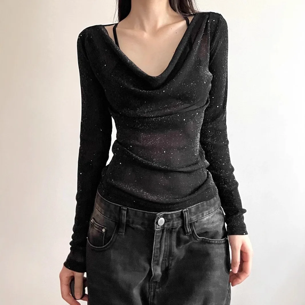 Black Sequined V Neck Loose T Shirt for Women