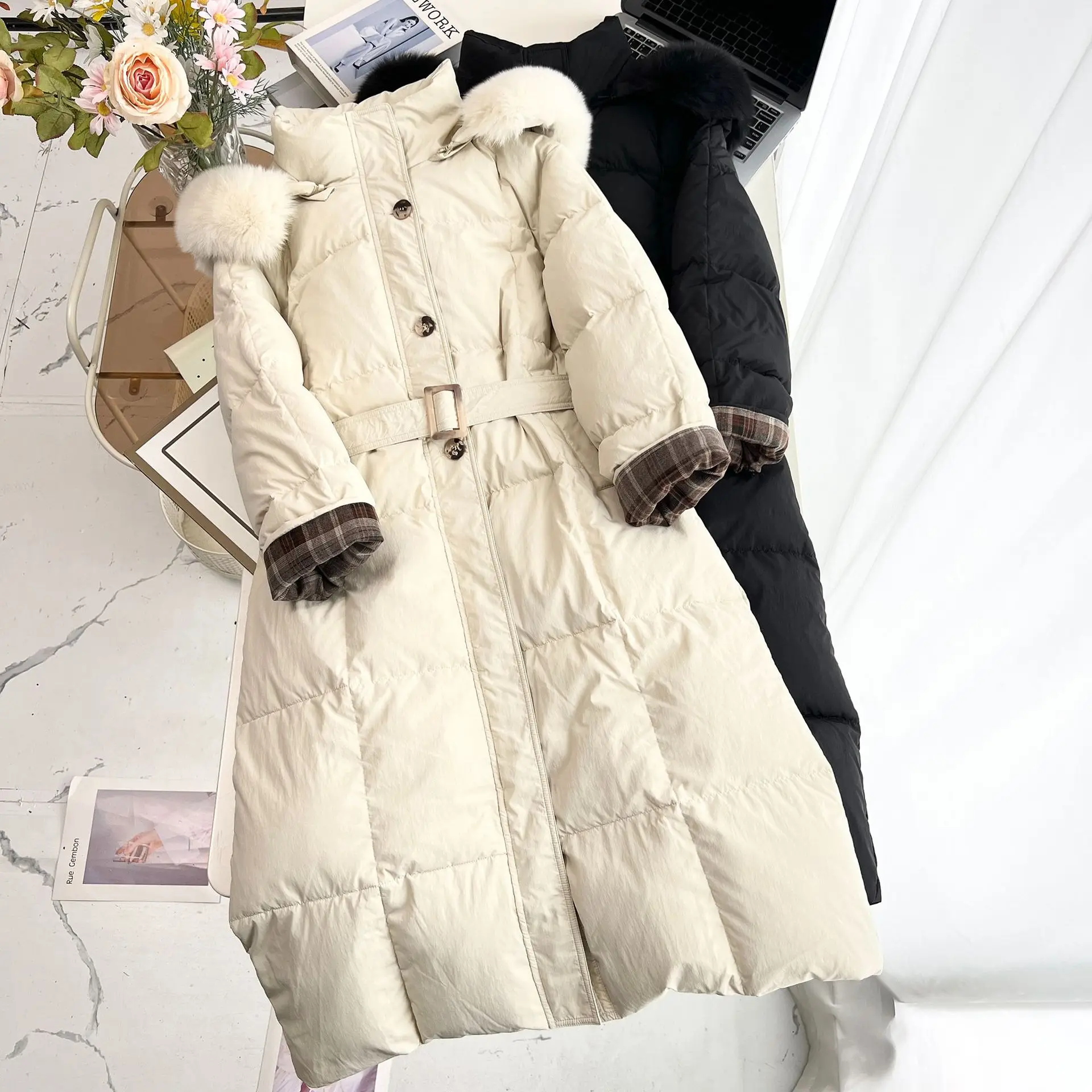 XXXXL Fashion Plus Size Women's Down Jacket New Winter Korean Style Real Fox Fur Collar Hooded Belt Warm Long Coat 8739