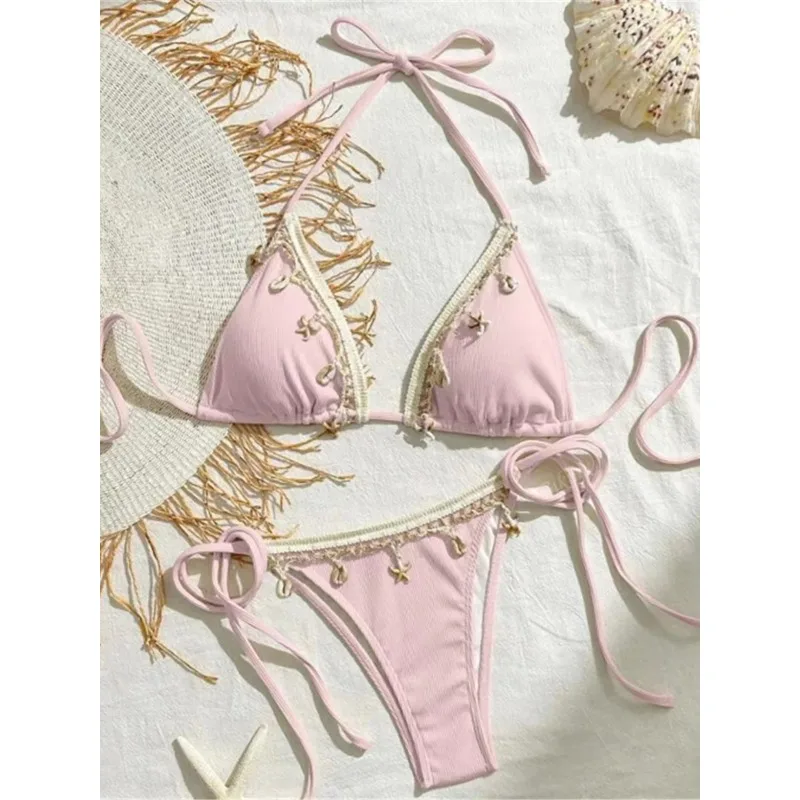 Ribbed Starfish Pendant Halter Strappy Bikini Female Swimsuit Women Swimwear Two-pieces Bikini Set Push Up Bathing Suit Swim