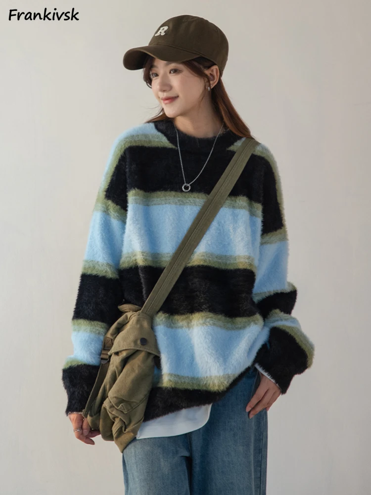 

Striped Sweaters Women Advanced All-match Contrast Color Korean Style Autumn Winter Long Sleeve Streetwear Youthful Knitting New