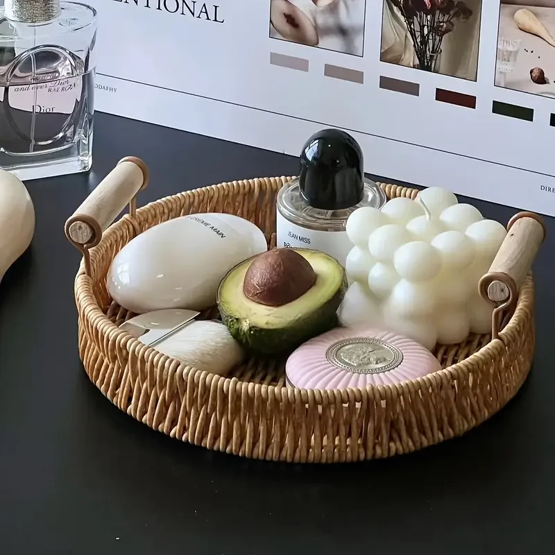 1/3 Piece Hand Woven Imitation Rattan Round Storage Tray Wooden Vintage Imitation Rattan Fruit Basket Snack Tray Storage Tray 4