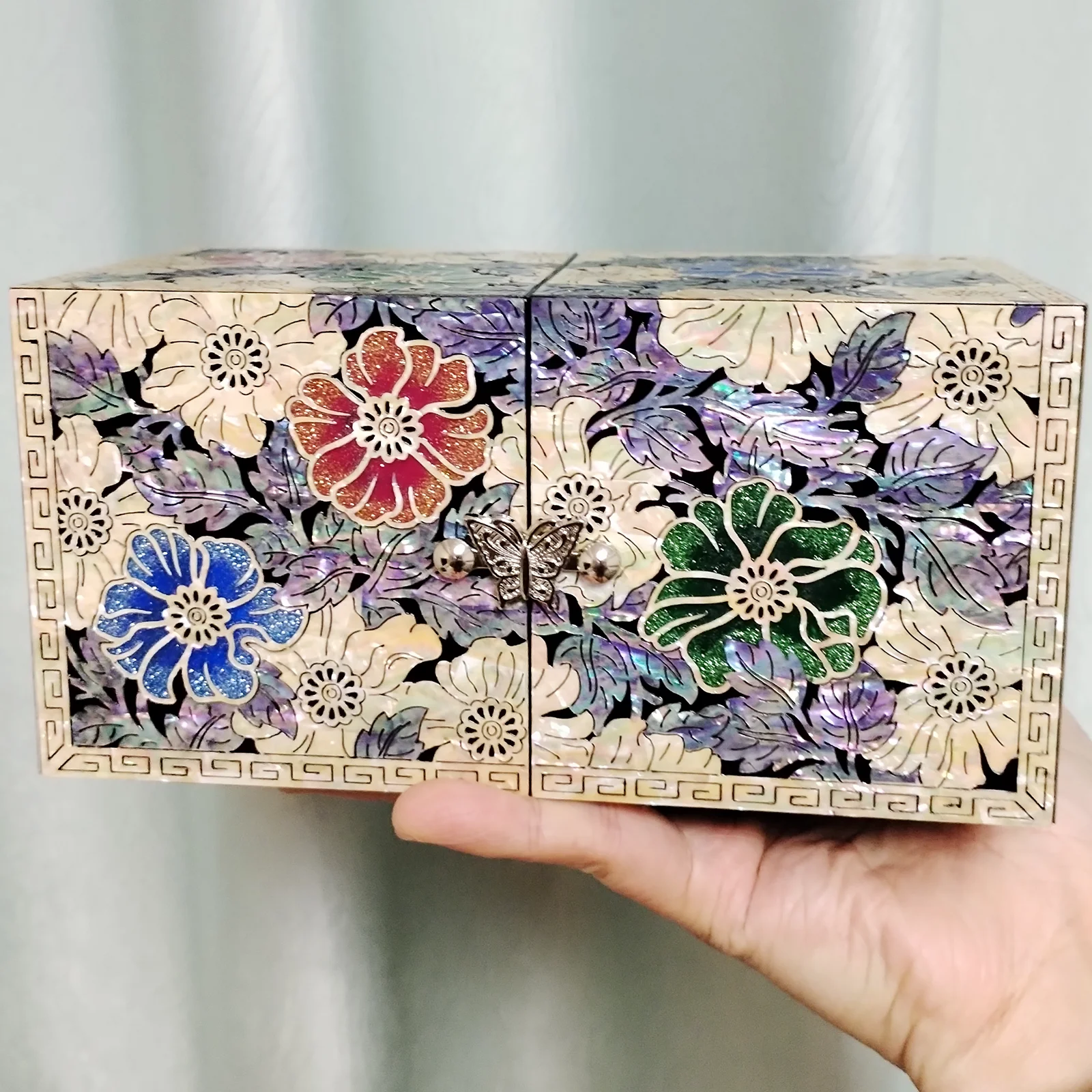 Coffret à Bijoux Ancien En Bois – 3 Tiroirs Avec Incrustations De Nacre – Style Vintage