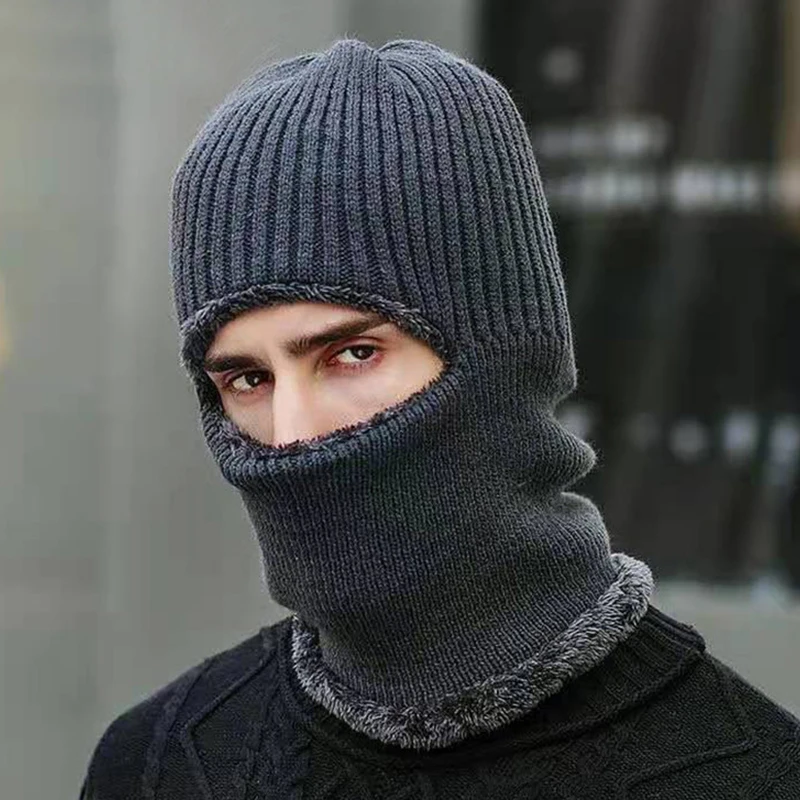Men Full Face Cover Ski Mask Cap Winter Thick Plush Knitted Balaclava Hat Outdoor Cycling Male Ear Protection Warm Beanie