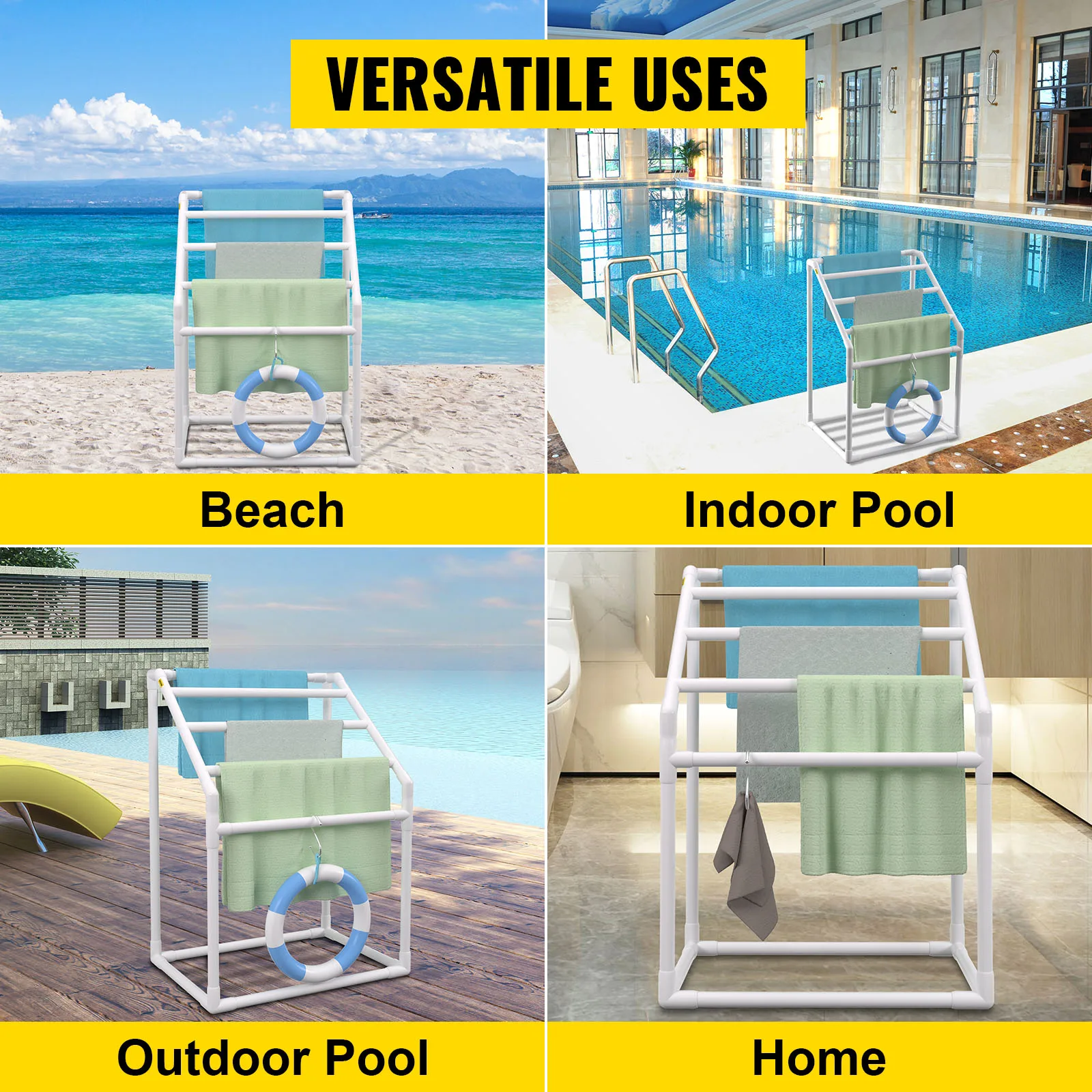VEVOR Pool Towel Rack 5/6/7 Bar Outdoor PVC Trapezoidal/Triangular/Curved Poolside Storage Organizer w/ White/Brown Freestanding