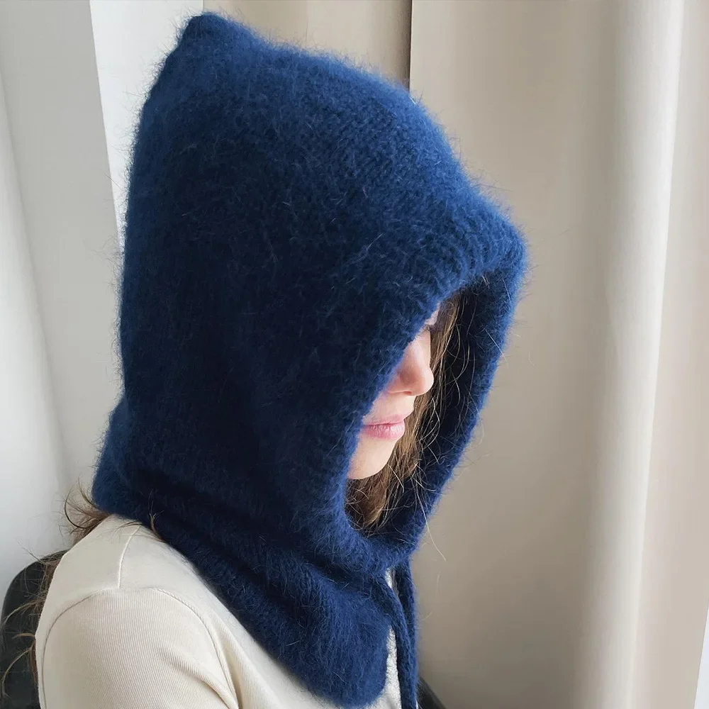 Winter Rabbit Fur Womans Hats Unisex Knitted Hooded Neck Collar Adjustable Elastic Balaclava Cap Hats Gorros Mujer Invierno NEW 2