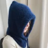 Winter Rabbit Fur Womans Hats Unisex Knitted Hooded Neck Collar Adjustable Elastic Balaclava Cap Hats Gorros Mujer Invierno NEW 2