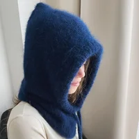 Winter Rabbit Fur Womans Hats Unisex Knitted Hooded Neck Collar Adjustable Elastic Balaclava Cap Hats Gorros Mujer Invierno NEW 2