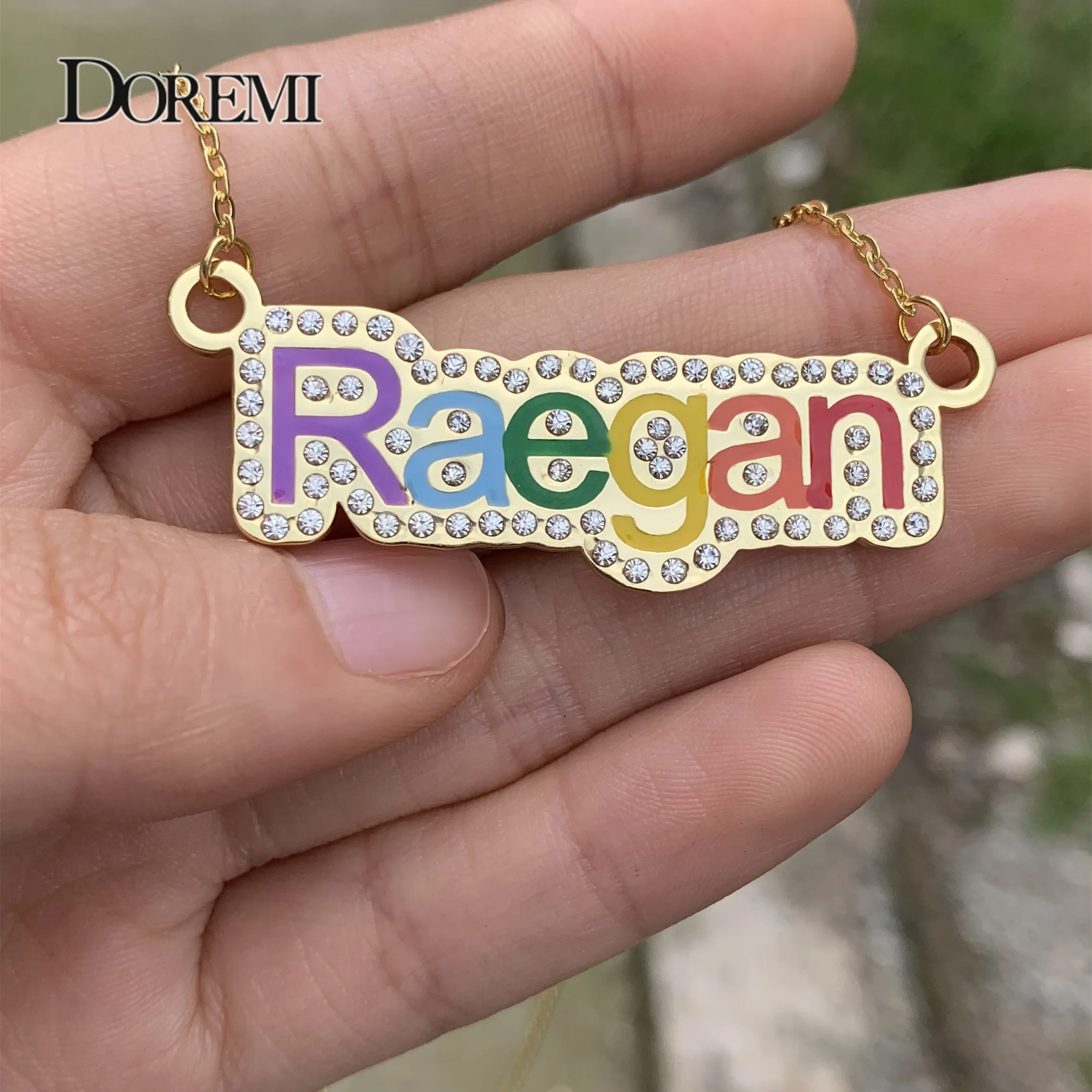 DOREMI Colorful Enamel Name Necklace Stainless Iced Out Chain for Women Personalized Custom Name Chain Rhinestone Pendant  Gift