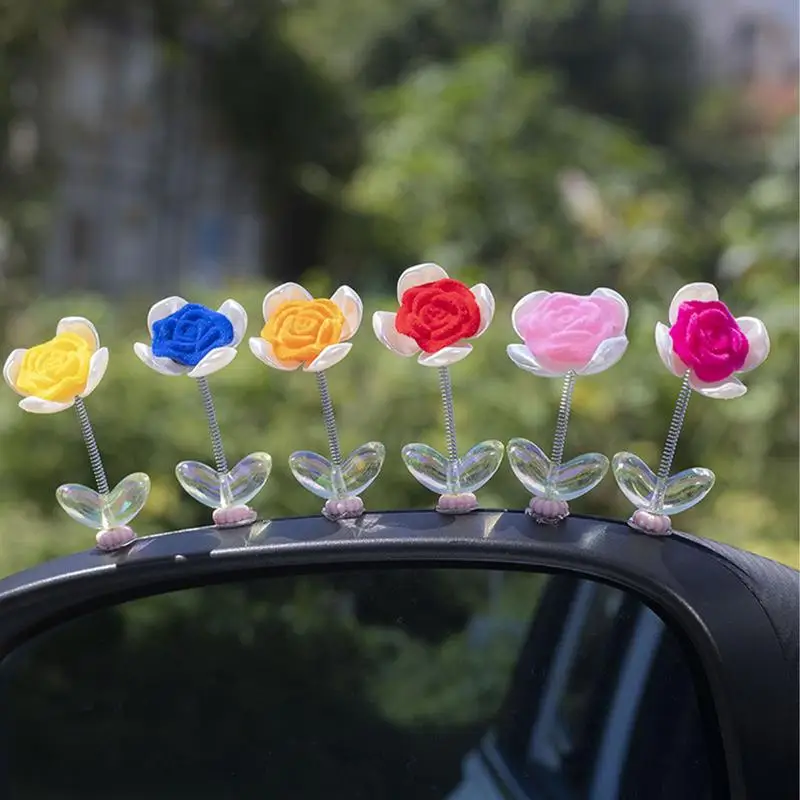 6Pcs Flower Car Accessories Dashboard Decorations Crochet Shaking Flowers  Bobblehead Dashboard Ornament Car Decor 