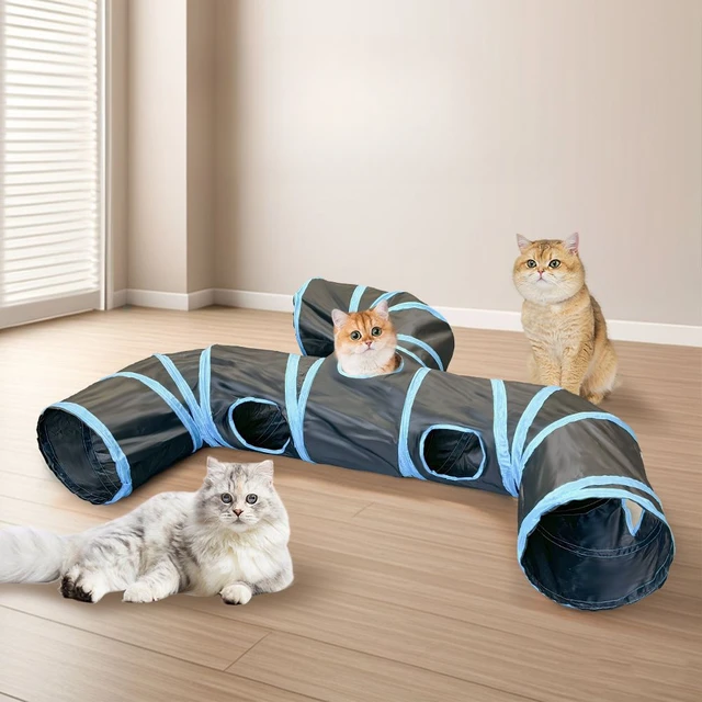 Blue Three Ways Pet Play Tunnel Cubes Foldable Drill Barrel Bending Cat Kitty Indoor Tent Kitty Training Interactive Fun Toy 2