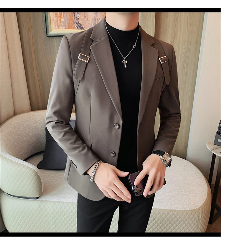 Blazer Hombre British Shoulder Strap Design Blazer Jacket For Men Two  Buttons Slim Fit Casual Elegant Mens Suits Formal Tuxedo