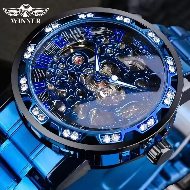 Luxurious Men's Mechanical Skeleton Watch with Diamond Gear for Timeless Elegance