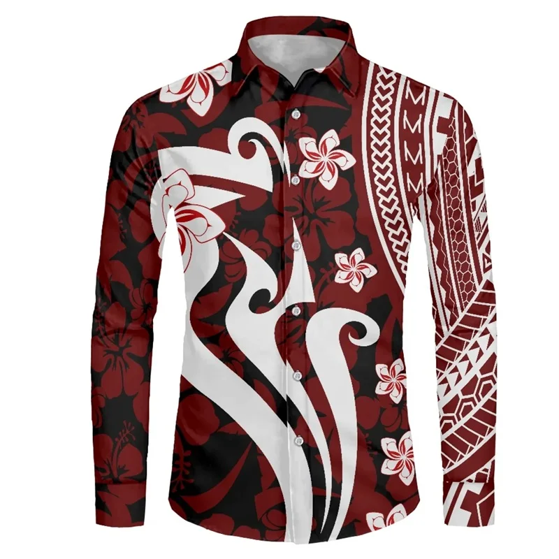 thumbnail image 1 of Camisas hawaianas con estampado 3D de tribu polinesia, camisas casuales de manga larga con cuello alto, blusa con botones para hombre, ropa de otoño, 1 of 5