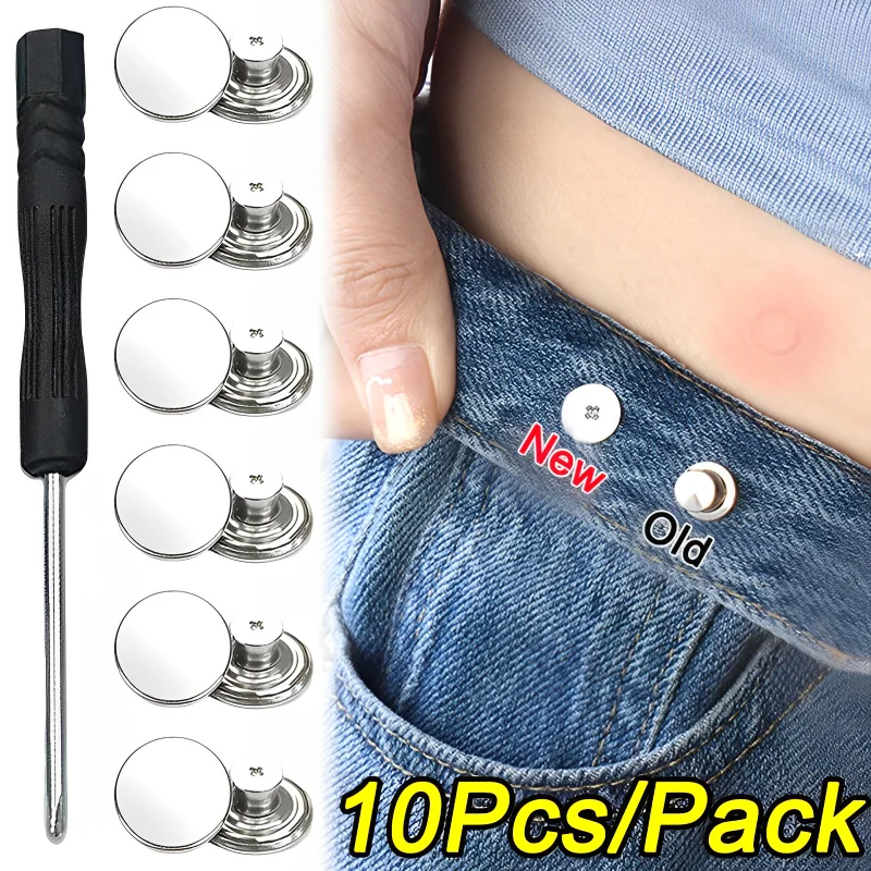 15 Sets Replacement Jeans Buttons, 17mm No-Sew Nailess Removable Metal Jeans Button Replacement Repair Combo Thread Rivets and Screwdrivers