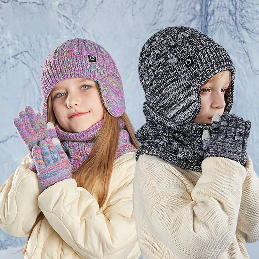Fleece Lined Children's Hat Neck Scarf Gloves Set Winter Warm Kids Earflap Beanies Thick Ear Protection Skull Caps