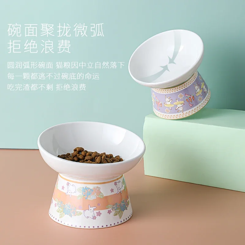 Japanese rabbit ceramic cat and dog water food bowl oblique mouth high protect cervical spine and prevent overturning