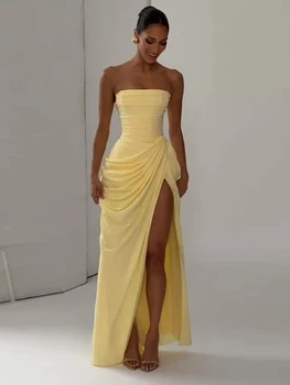 Sexy Solid Pleated Strapless Dress Lady Chic Off-shoulder Backless High Waist Split Dresses Women 2026 New Evening Party Gown 1