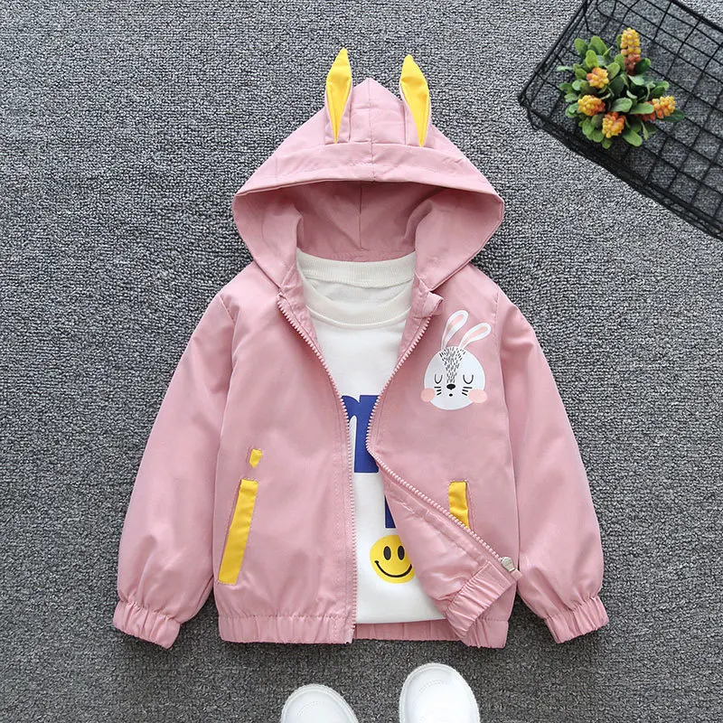 Children's Spring Cartoon Jacket Girls Cute Rabbit Ears Pattern Casual Coat Autumn Fashion Hooded Short Outerwear 9M-6Y