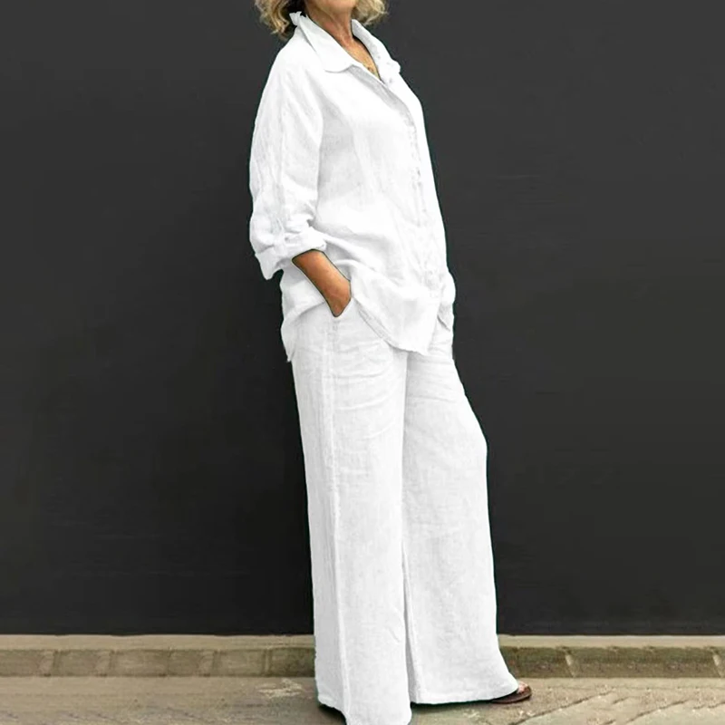 Conjunto De Lino Para Mujer - 2 Piezas (Camisa Y Pantalón Ancho), Verano, Cómodo, Elegante, Tallas Curvy, Algodón Y Lino, Ideal Para Outfits Casuales