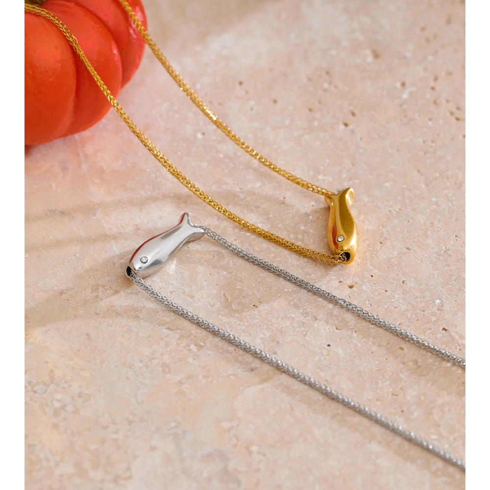 Yhpup Stainless Steel Zircon Fish Necklace Gold & Platinum PVD Plated