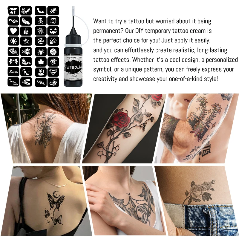 Gel per tatuaggi temporanei nero con set di modelli. Crema per pittura body art Pasta per tatuaggi all'henné Crema Pasta di succo per tatuaggi body art - immagine 5