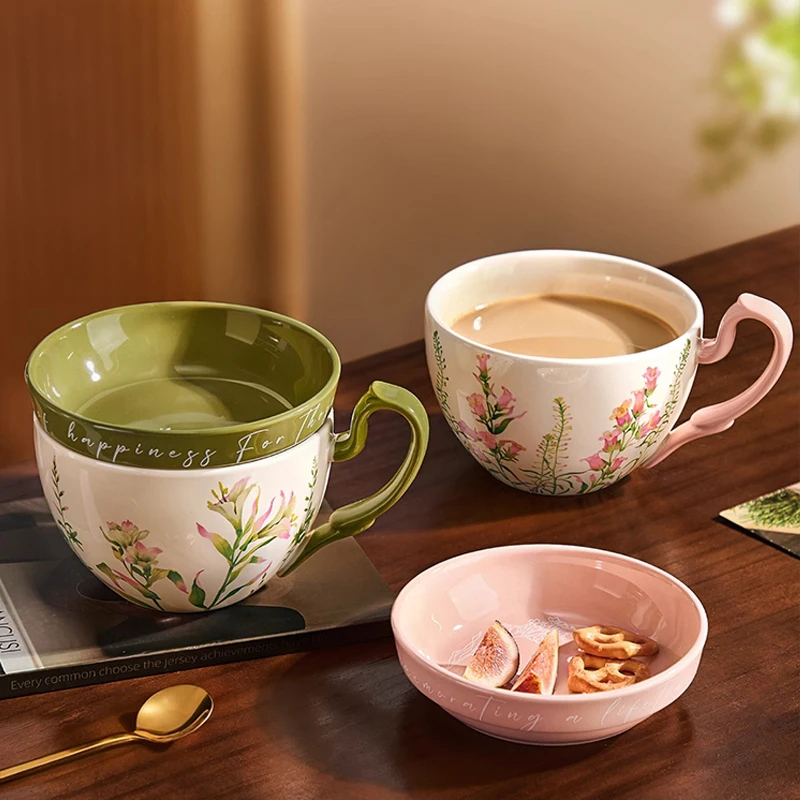 Chinese Style Ceramic Gift Cute Mug, Home Personal Office Creative Hand Drawn Flower Patterns, Milk Water Coffee Cup, 460ml, 1Pc