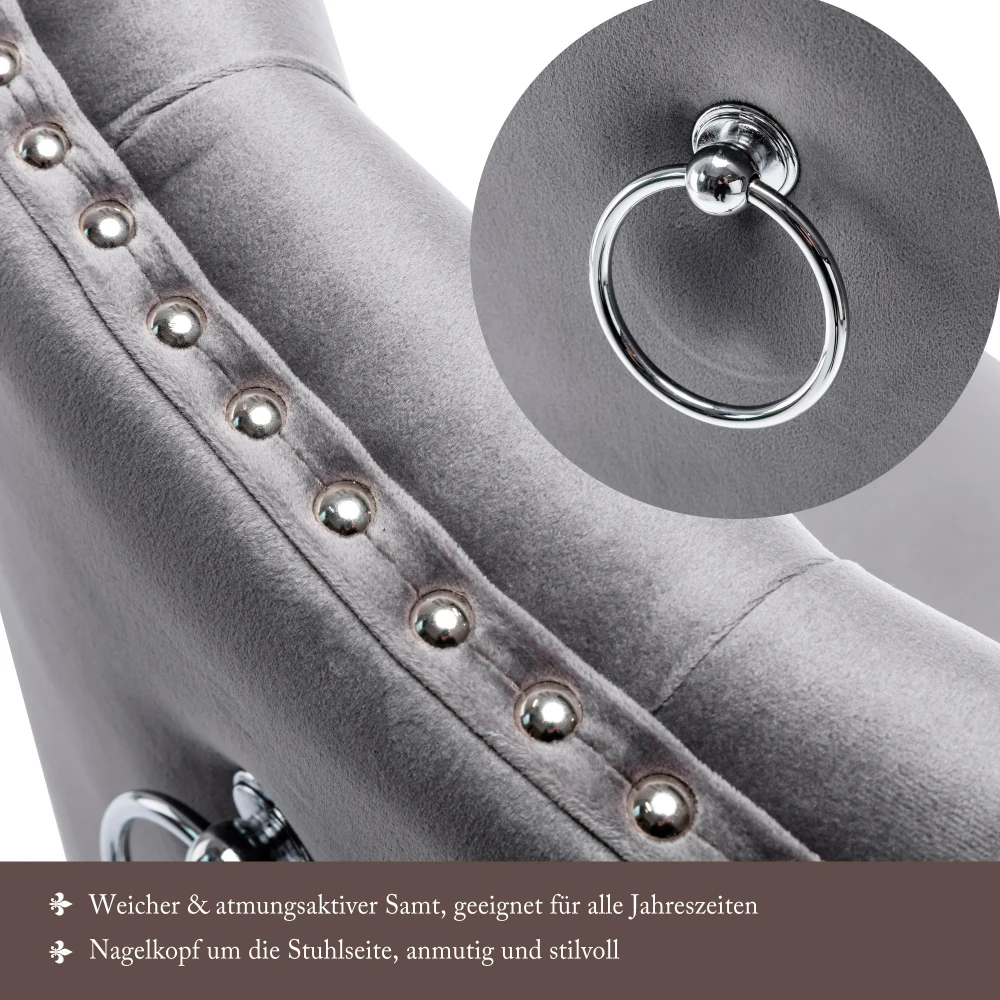 Samt-Esszimmerstühle, 2er-Set mit Eichenbeinen, Knopf, Chrom-Klappe, Schlafzimmerstuhl, Küchenstuhl, Wohnzimmer, Lounge, Freizeit – Detail 11