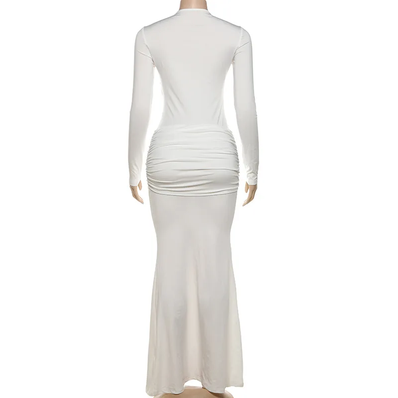 Fashion Mesh Patchwork Maxi Dress Women's Pleated Skinny High Waist Slim See-Through Solid Party Dress Female Long Dress
