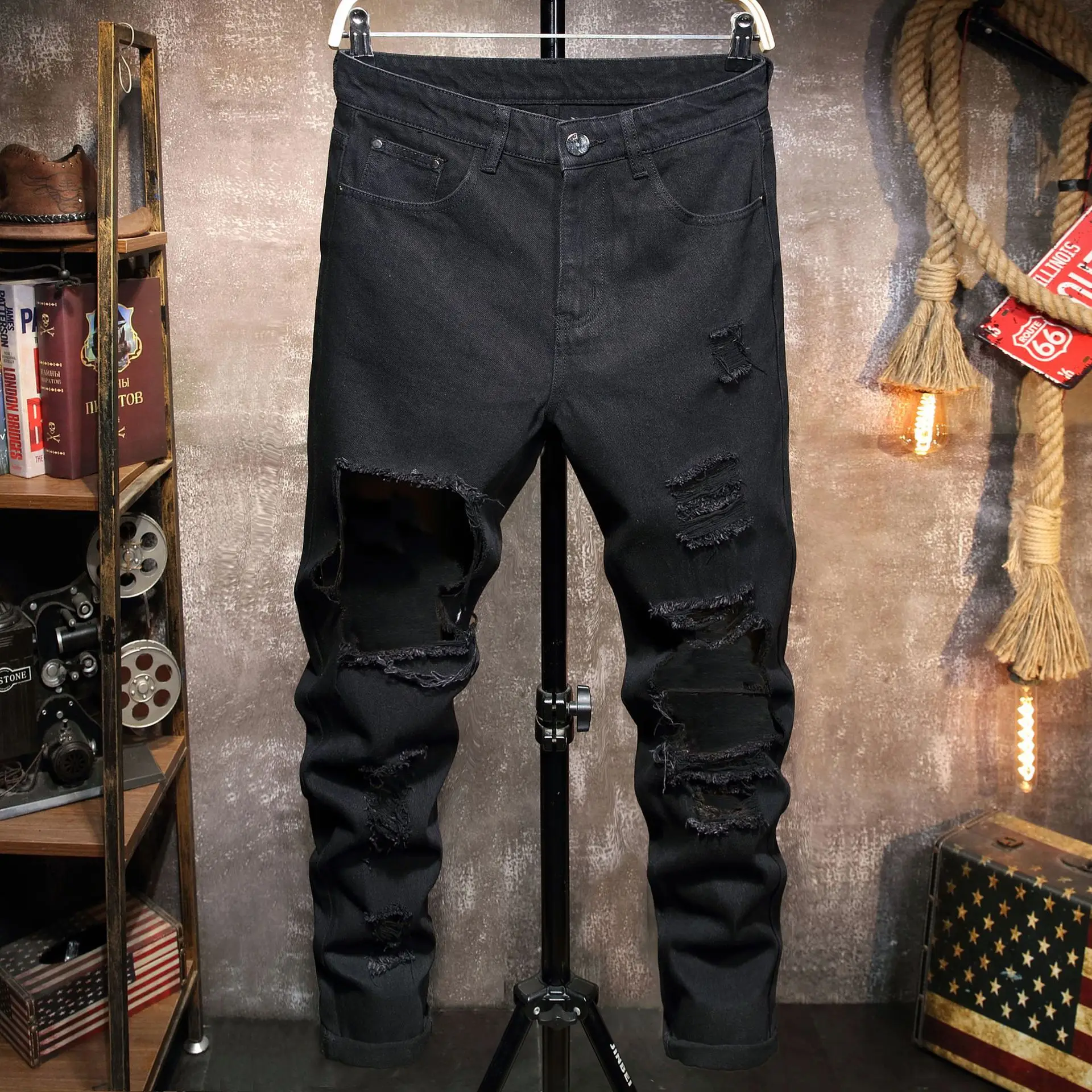 Monumento Dictar Izar Pantalones vaqueros negros holgados para hombre, Jeans informales rasgados  de estilo Hip Hop, novedad de 2023 _ - AliExpress Mobile