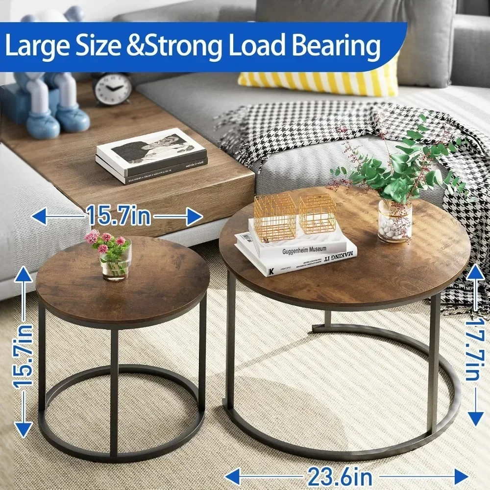 Coffee Table Nesting Round Table Set of 2 Side Table with Sturdy Metal Frame for Living Room Bedroom Apartment Modern Industria