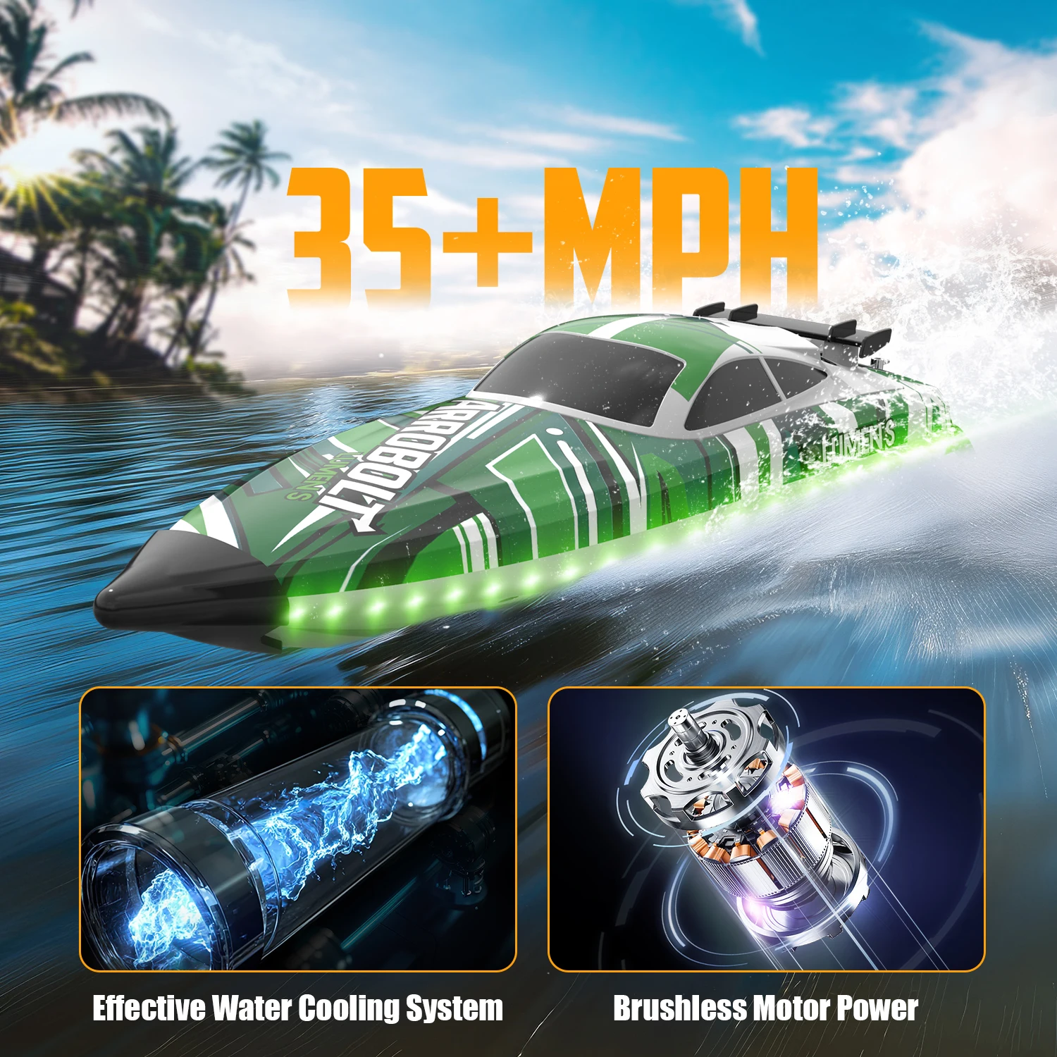 Bateau RC Volantexrc 2.4G 50 km/h en action, soulevant des gerbes d'eau grâce à son moteur sans balais étanche.