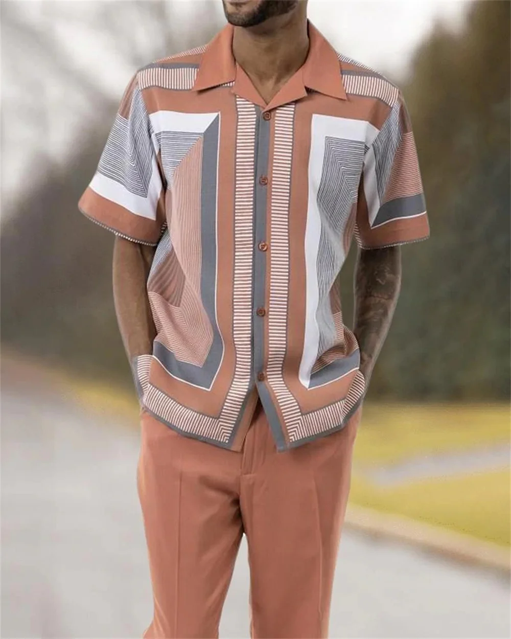 Summer New Hawaii 3D Digital Print Two Color Stripe Walking Suit Men's Short sleeved+Suit Long Pants Casual Suit Shirt and Pants