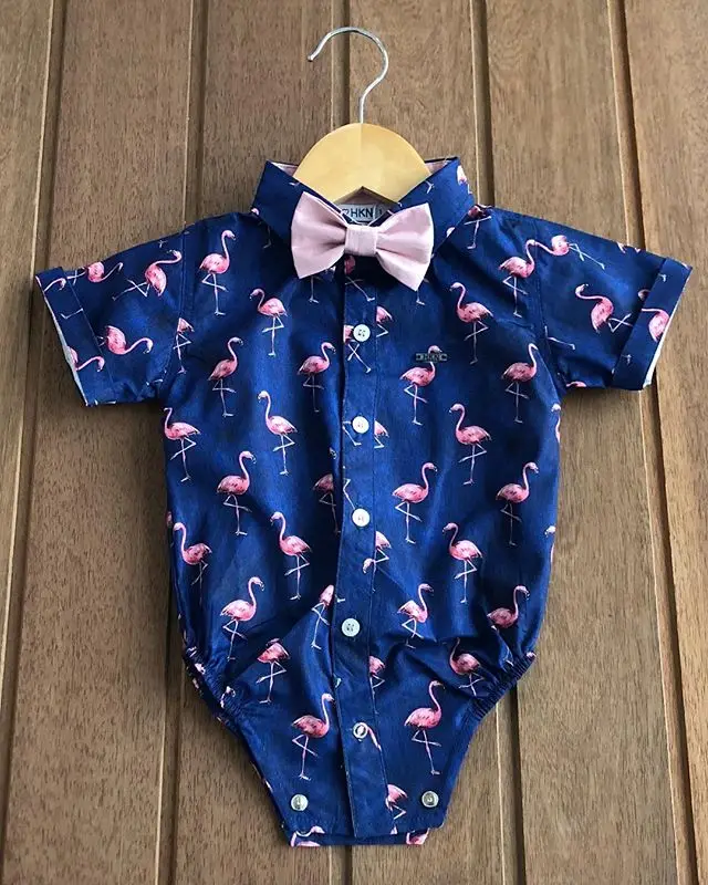 Baby Boys Gentleman Jumpsuit Casual Short Sleeve Cartoon Printed Romper with Bow Tie Formal Outfits Clothes
