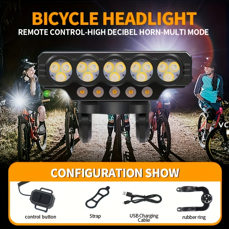 Luce per bici da 15 LED con campanello da 120 dB, faro per bicicletta ricaricabile tramite USB, batteria 18650 e supporto per manubrio, attrezzatura da ciclismo impermeabile - immagine 6