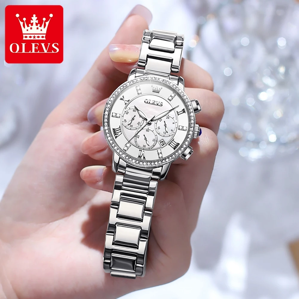OLEVS9976 Quartz Watch for Women Luxury Elegant Multifunction Design Watches Stainless Steel Luminous Waterproof Wristwatch Gift