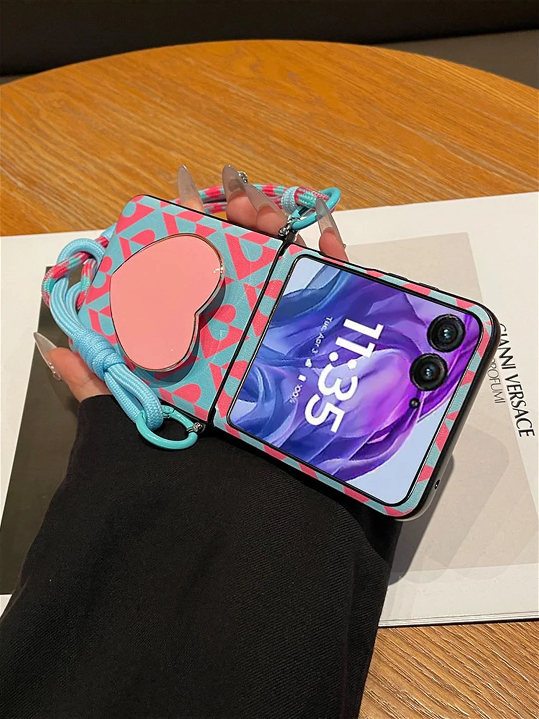 Korean Cute Blue Pink Love Heart Holder Portable Rope Phone Case Cover