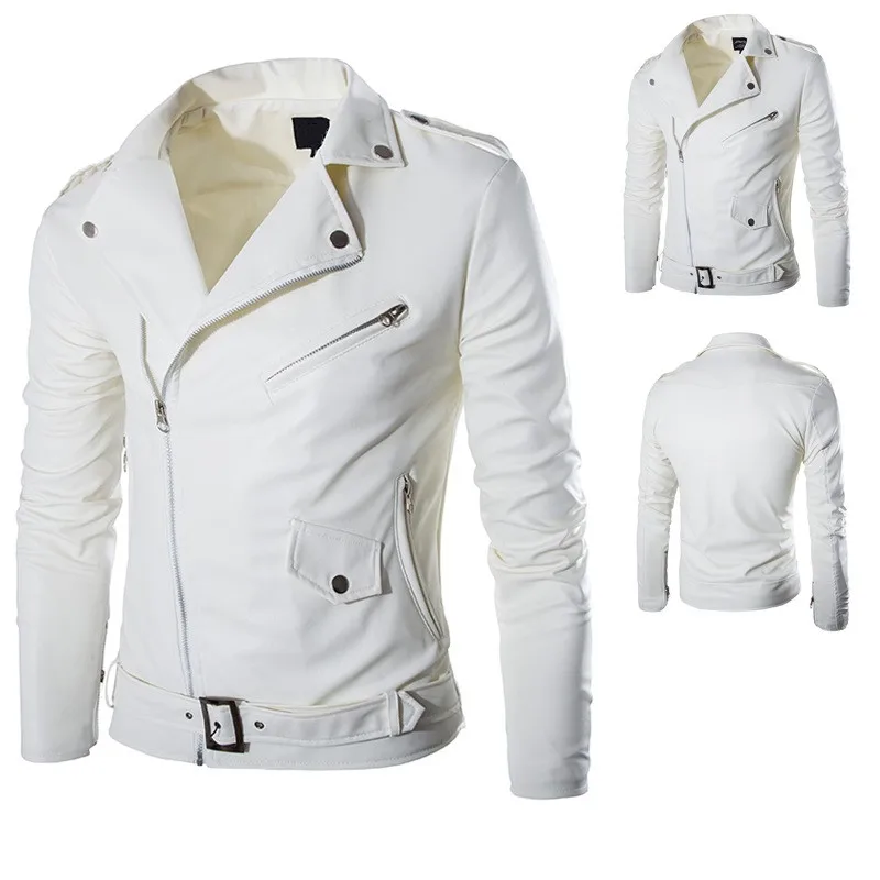 2022 Fashion  PU Leather Jacket Men Buckle Zip Lapel Collar British  Black White Punk Rock Outwear Coats