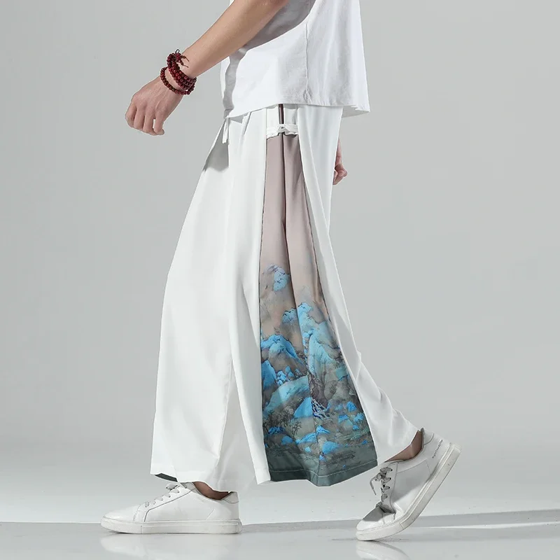Men Wide Leg Pants Japan Samurai Thai Silk Pants Summer