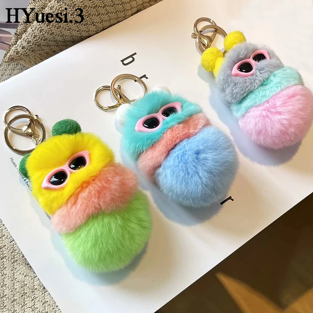 Cute Colorful Plush Caterpillars Keychain With Sunglasses Soft Rabbit Fur Animal Pompom Pendant With Key Rings For Women Handbag