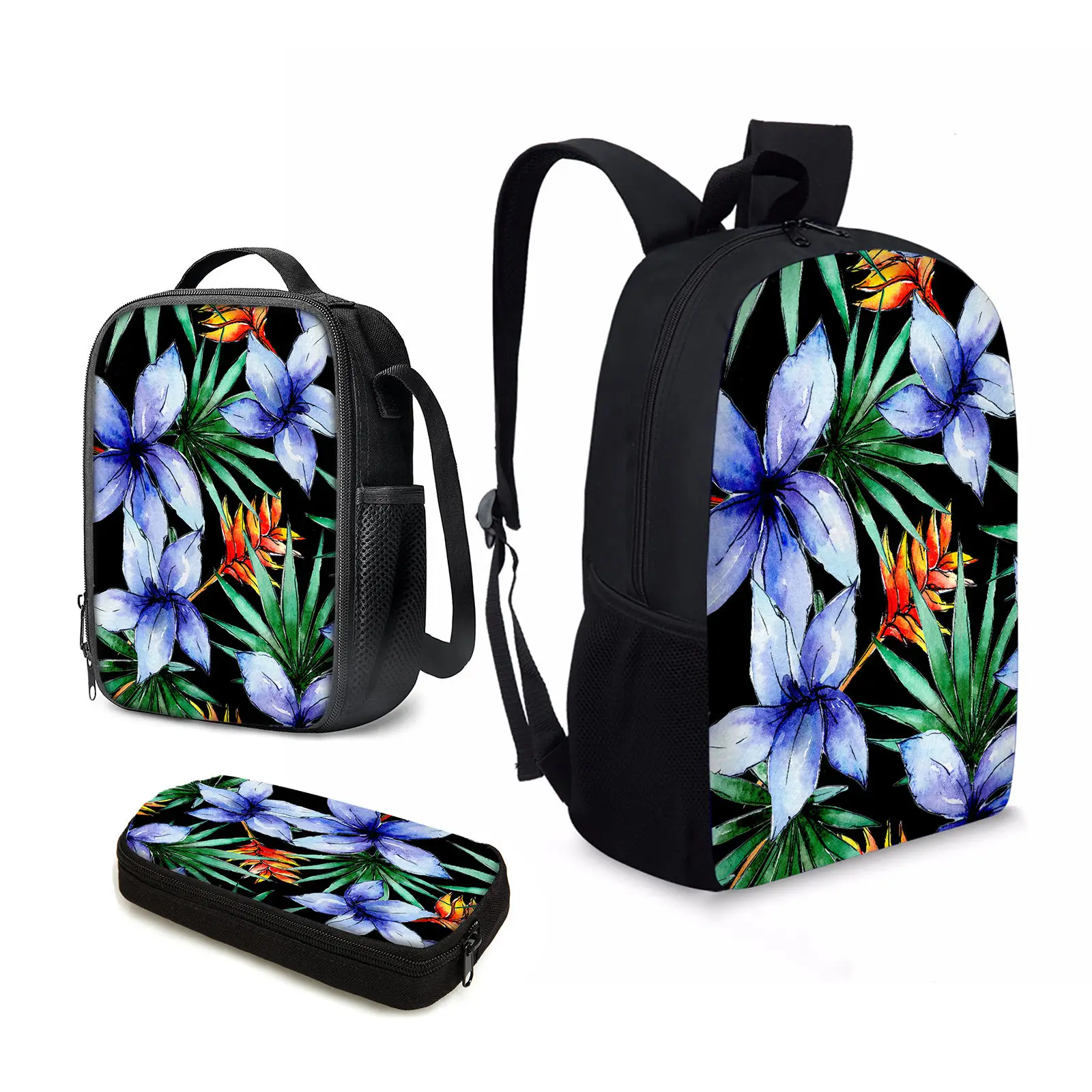 

YIKELUO Blue Hibiscus Tropical Hawaiian Leaves Botanical Print Zipper Waterproof Travel Bag Floral Print Shoulder Bag Backpack