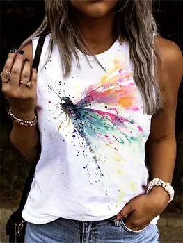 Women's Summer Colorful Dragonfly Print Large Casual Sleeveless Loose Tank Top T-shirt Tank Sleeveless Slim Vest Tops Streetwear 1