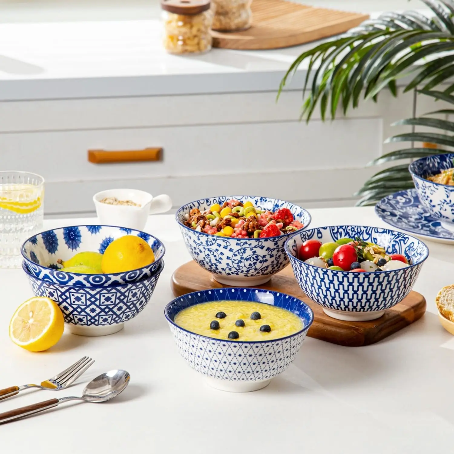 6‑Piece Ceramic Soup Bowls Set – 24 oz Deep Bowls for Cereal, Pasta & Salad, Vintage Blue 5