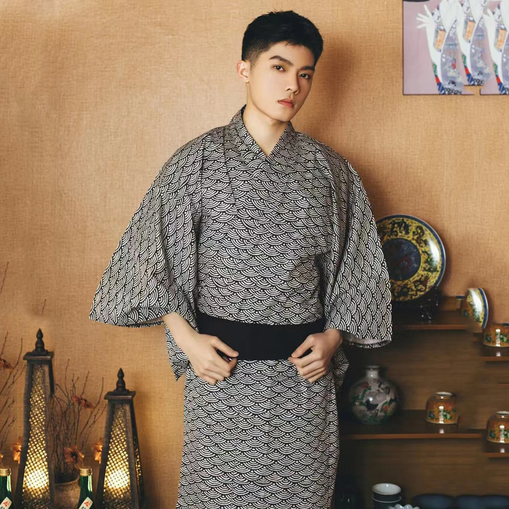 男性用日本の伝統的な着物,レトロな浴衣,牛のドレス,ルーズ,サウナ