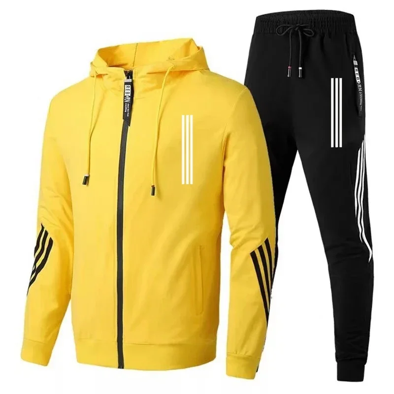 2024 Spring and Autumn Men's Hoodie+pants 2-piece set, three-layer diagonal sports jacket, zippered track and field men's fitnes