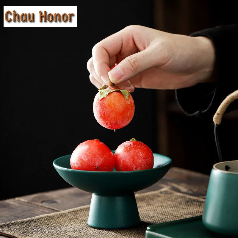 Japanese Style Turquoise Coarse Ceramic Home Creative Snack Plate Tall Foot Fruit Plate Tea Ceremony Accessories Decoration Gift
