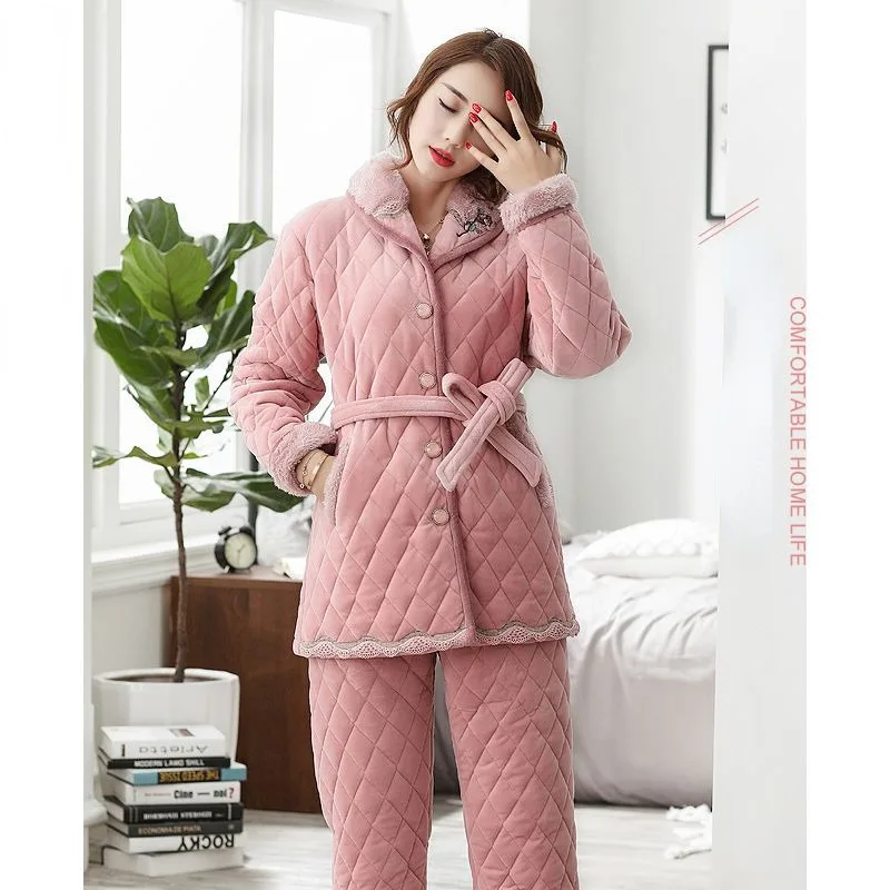 2024 New Pajama Women Winter Thicken Velvet Loungewear Warm Coral Velvet Lace-up Homewear Set Three Layers of Cotton Sleepwear
