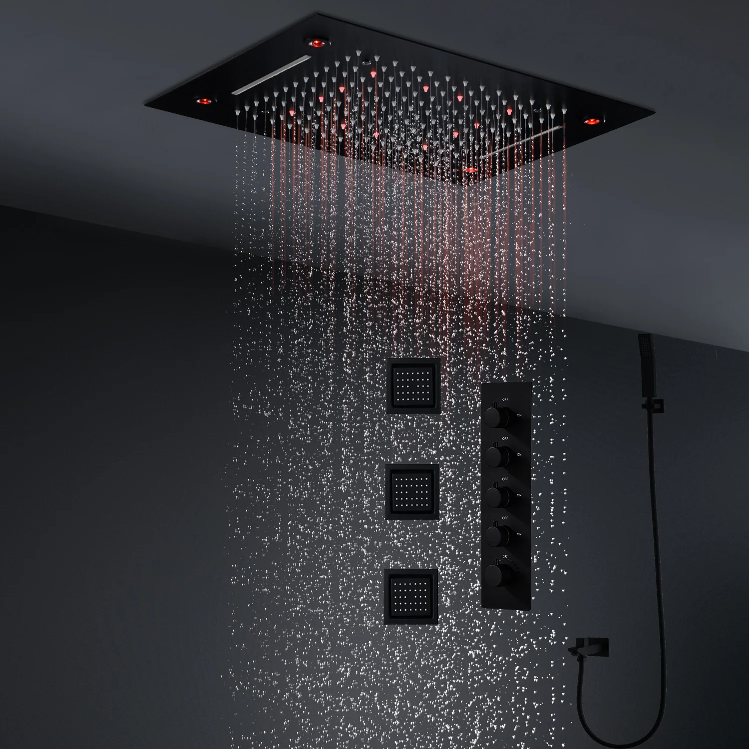 

hm Bathroom Black Shower System 20x14 Inch Rainfall Waterfall LED Showerhead Set Thermostatic Mixer Valve With Side Jets Faucets