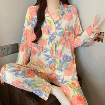 الكورية نمط مخطط رسالة الكلب منامة مجموعة أزياء الخريف الشتاء خمر 2 قطعة مجموعة المتسكعون جديد طويل الأكمام التلبيب الرقبة منامة 4