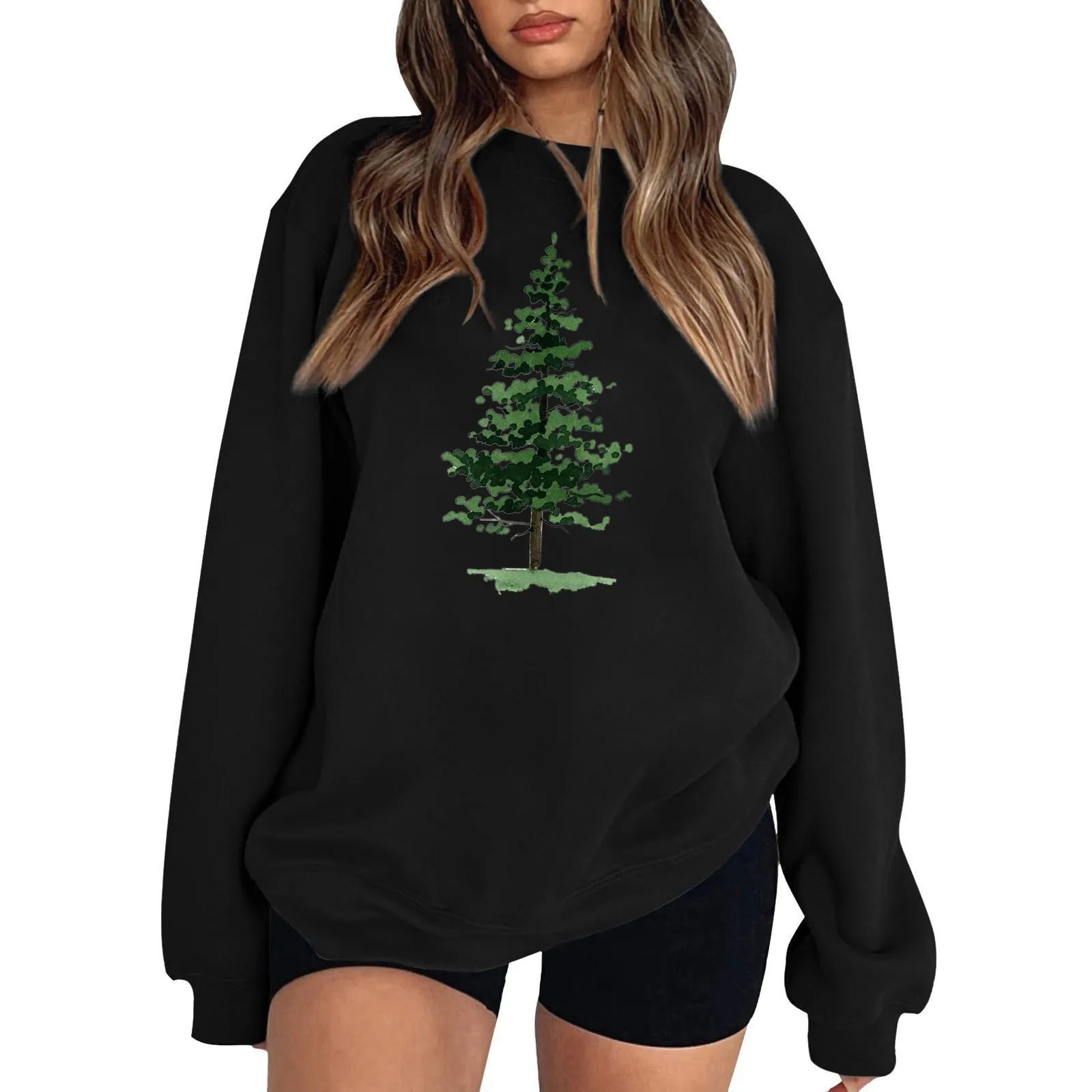 

Women Casual Long Round Neck Tree Maple Leaf Daily Hoodless Hoodies Sweatshirt Top French Sweatshirt Women