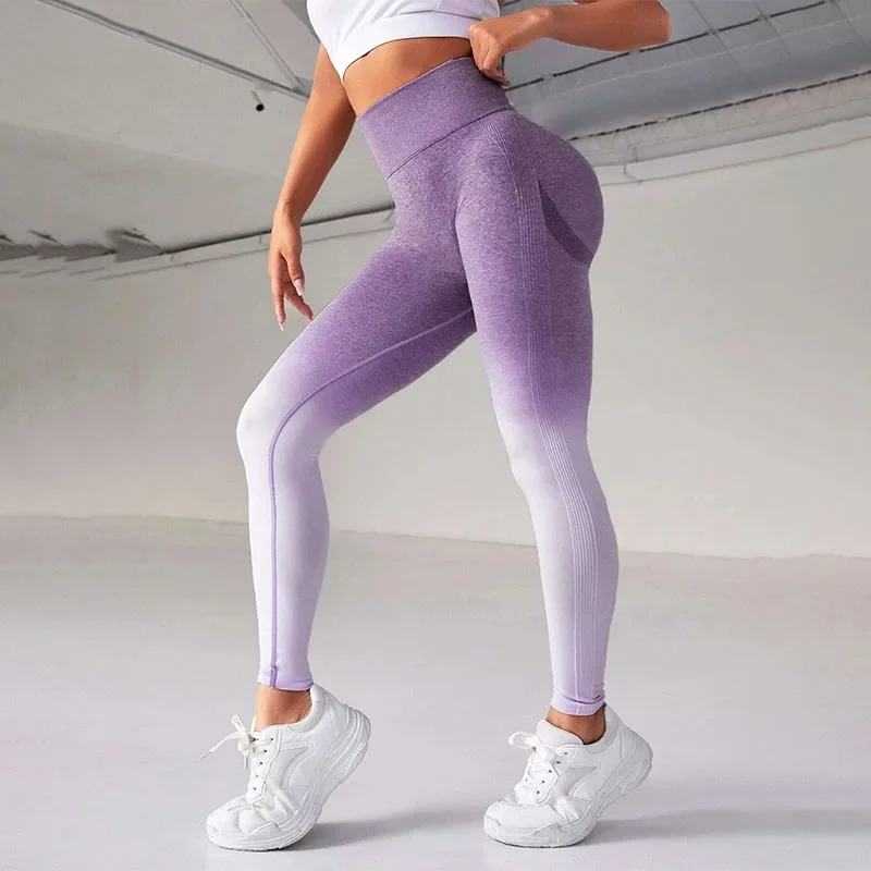 Women Gradients Seamless Leggings High Waist Leggings Slim Hip Liftting Fitness Pants High Elastic Fashion Gym Workout Tights 5